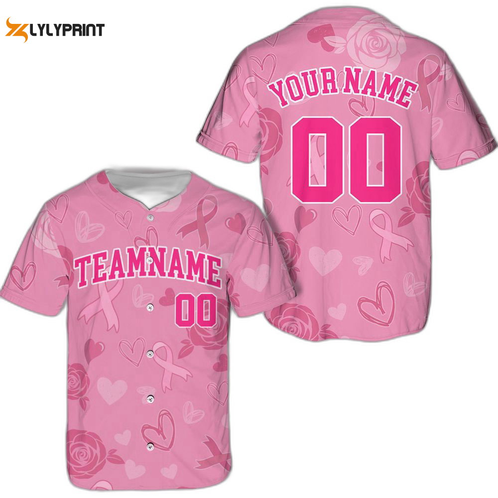 Custom Team Name And Number Baseball Jersey For Men Women, Personalized Breast Cancer Awareness - lylyprint.com baseball jersey product view 1