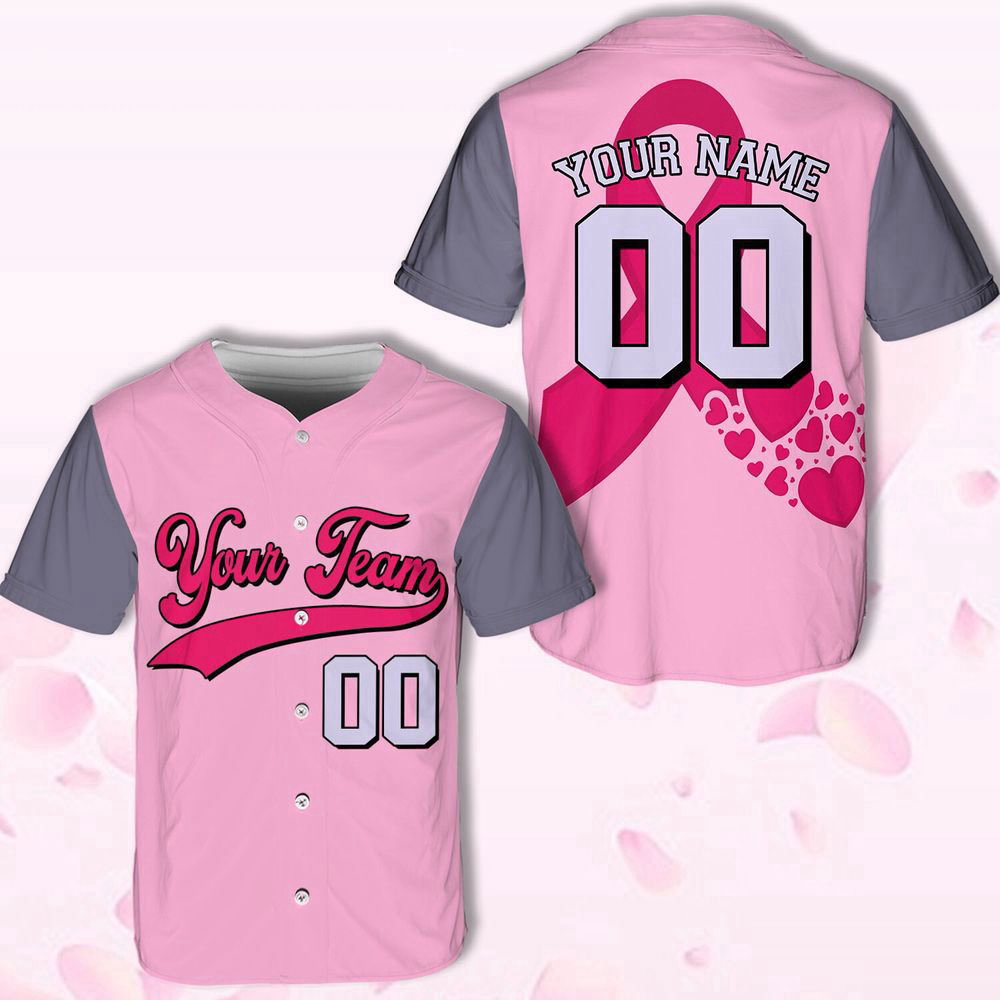 Custom Team Name And Number Baseball Jersey For Men Women, Personalized Breast Cancer Pink Ribbon - lylyprint.com baseball jersey product view 2