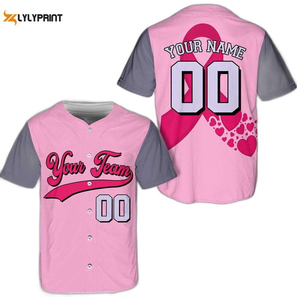 Custom Team Name And Number Baseball Jersey For Men Women, Personalized Breast Cancer Pink Ribbon - lylyprint.com baseball jersey product view 1