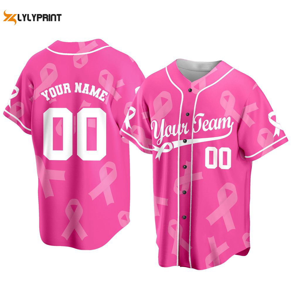 Custom Team Name And Number Baseball Jersey, Personalized Breast Cancer Awareness - lylyprint.com baseball jersey product view 1