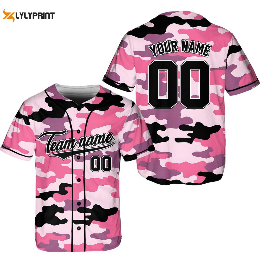 Custom Team Name And Number Baseball Jersey, Personalized Pink Camouflage Baseball Jersey - lylyprint.com baseball jersey product view 2