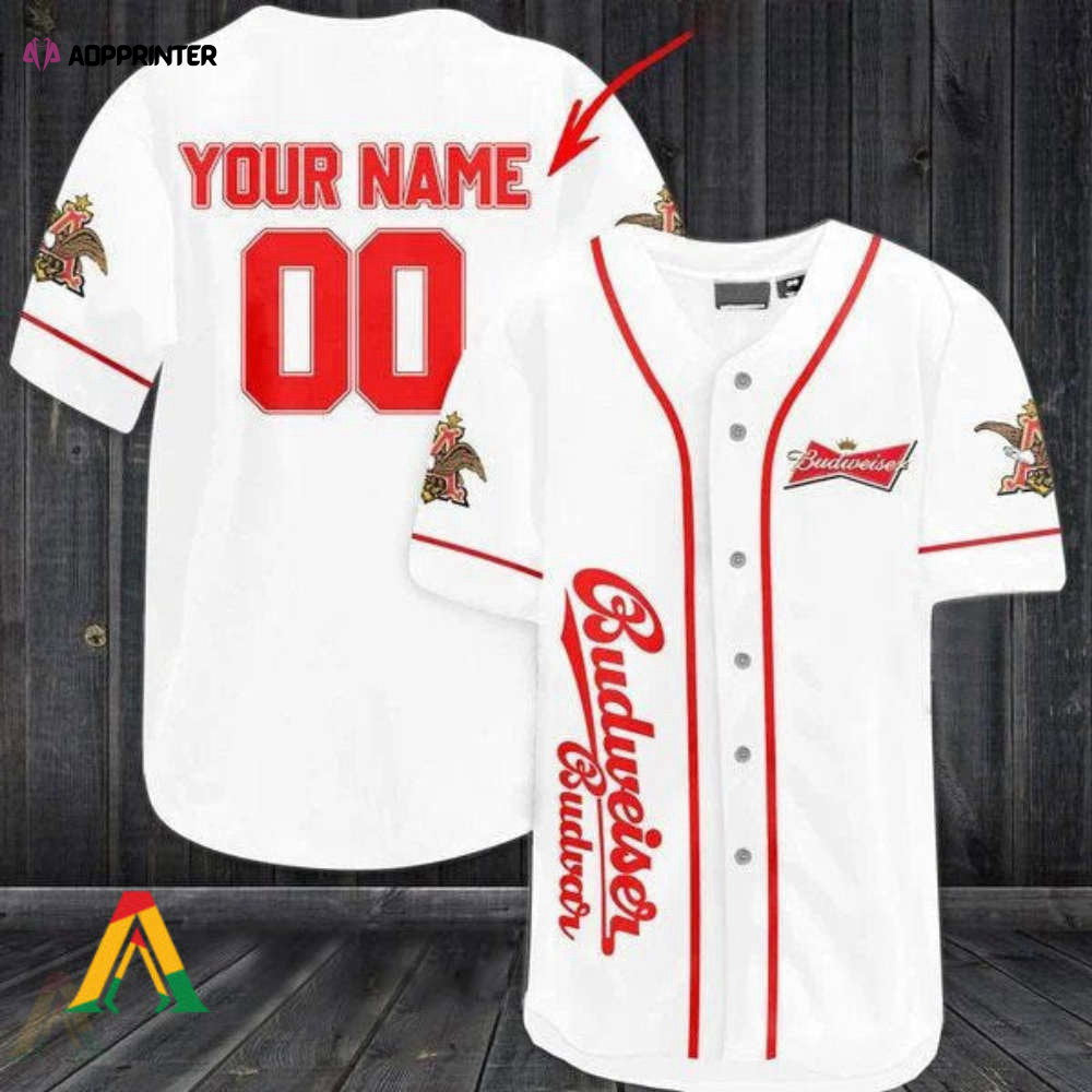 Custom White Budweiser Beer Baseball Jersey: Personalized Style for Beer Enthusiasts - Aopprinter baseball jersey product view 1