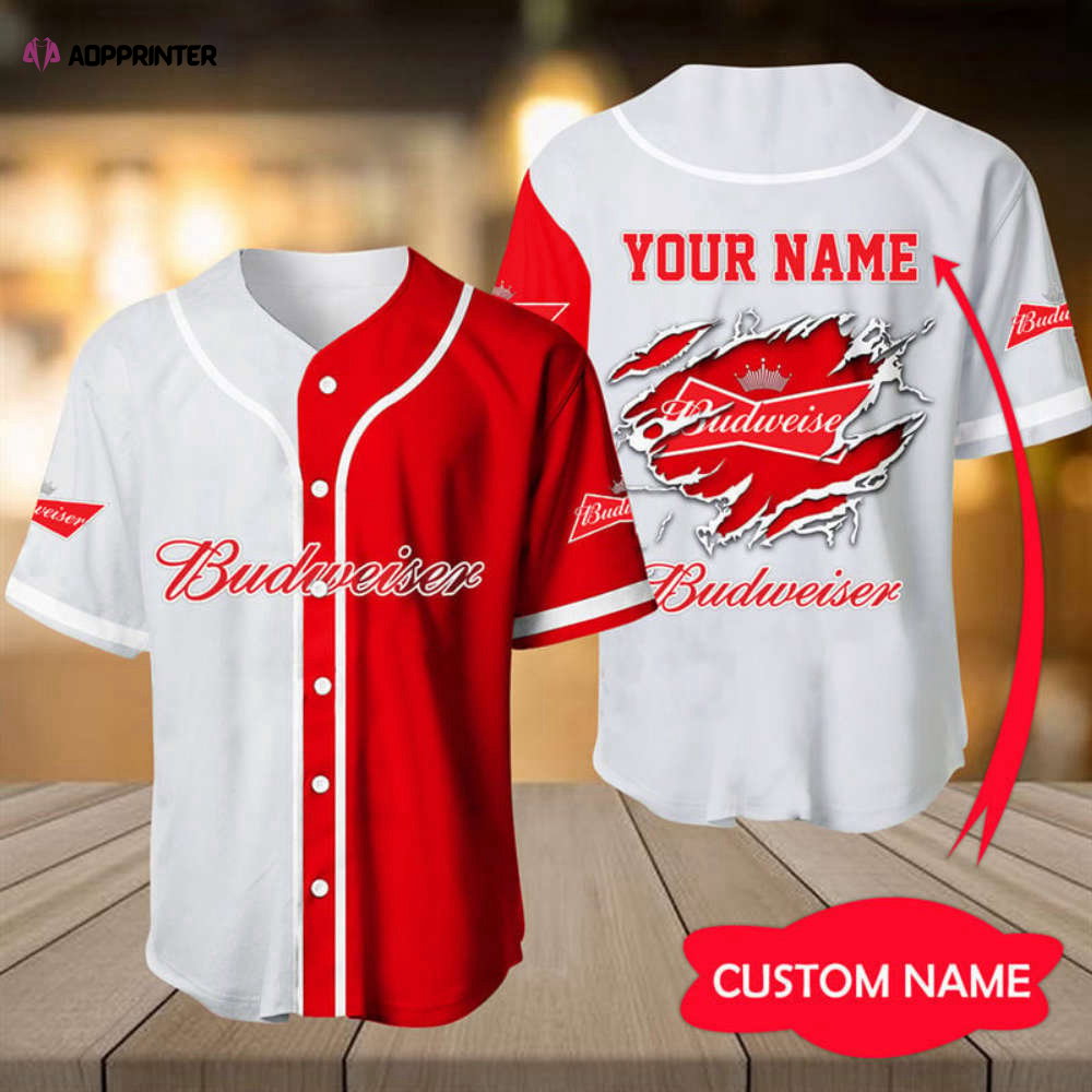 Custom White & Red Budweiser Baseball Jersey – Personalized Sports Apparel - Aopprinter baseball jersey product view 1