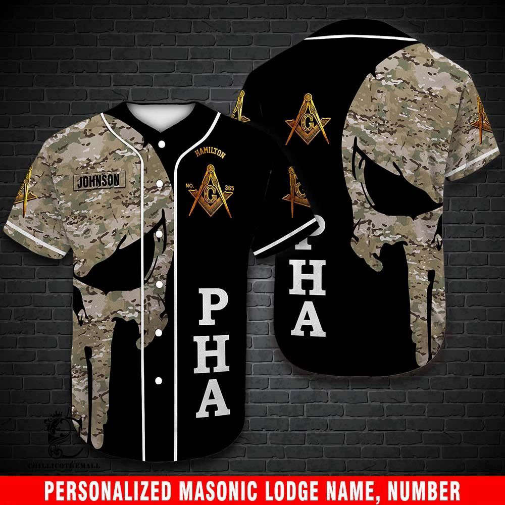 Customizable Freemason Baseball Jersey with Pha Skull Camo Design baseball jersey product view 2