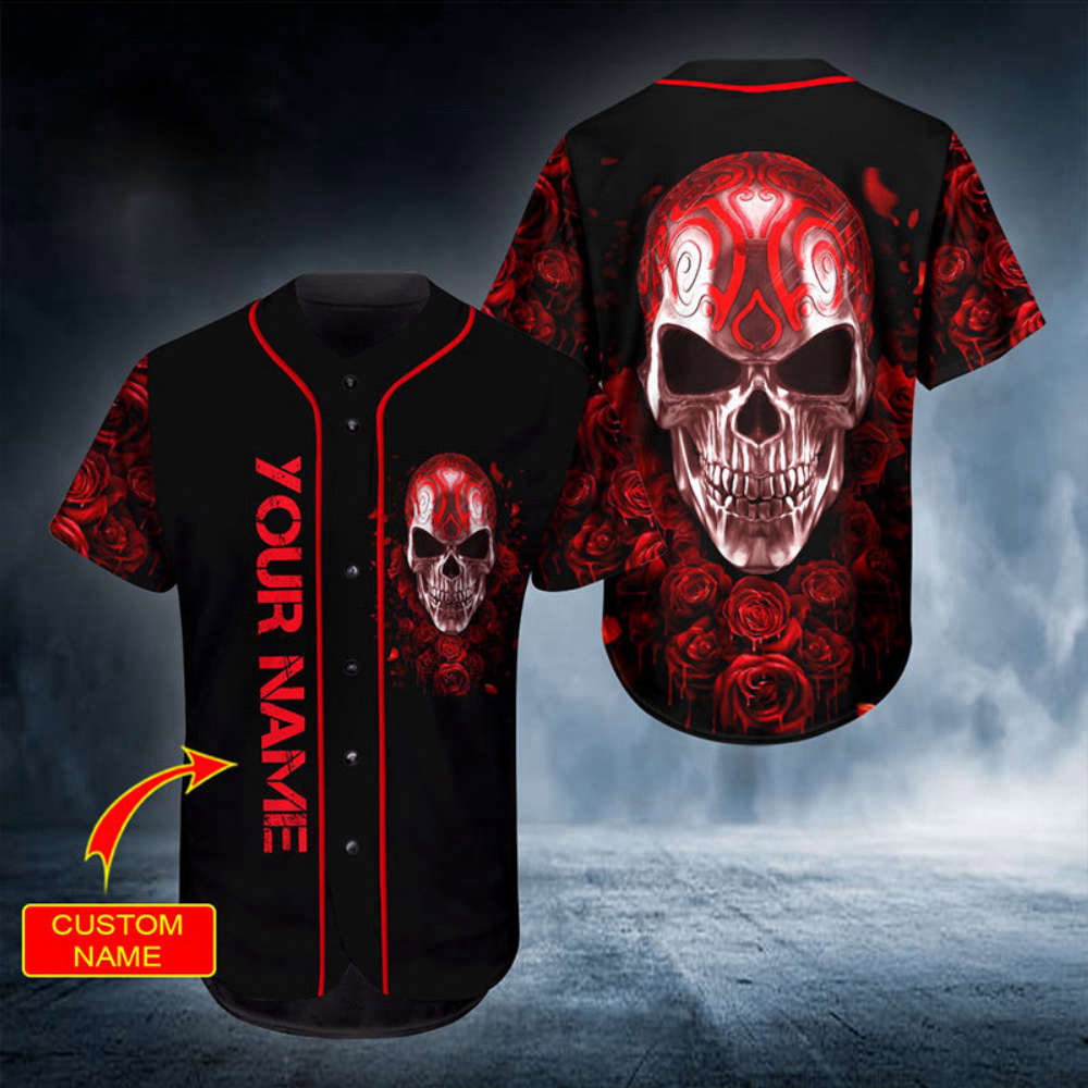 Customizable Silver Skull Baseball Jersey with Personalized Head Rose Design baseball jersey product view 2