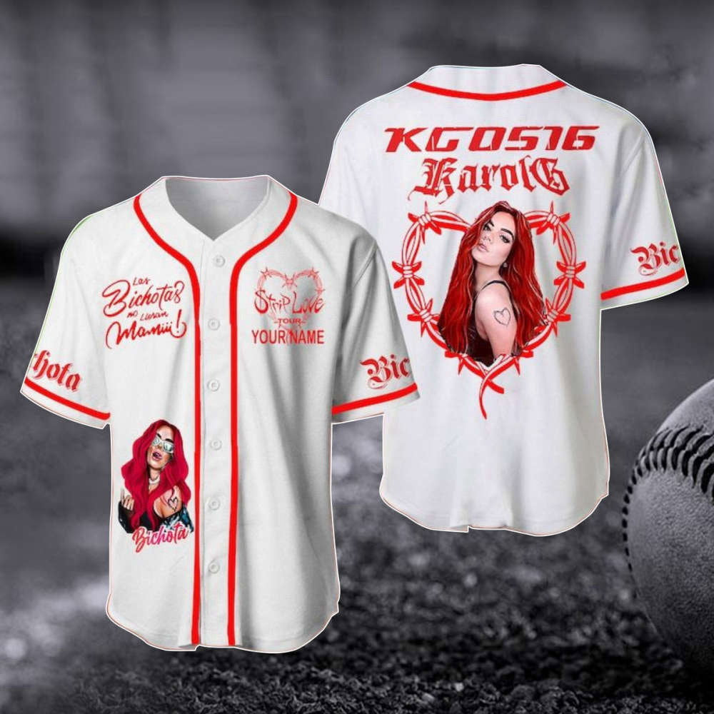 Customized Karol G Red Hair Baseball Jersey – Strip Love Tour Shirt Music Baseball Shirt – Gift For Fan baseball jersey product view 2