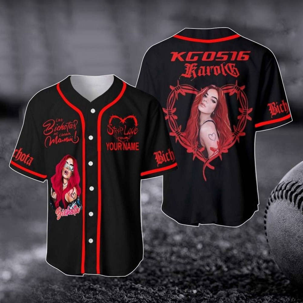 Customized Karol G Red Hair Baseball Jersey - Strip Love Tour Shirt Music Baseball Shirt - Gift For Fan - Aopprinter baseball jersey product view 1