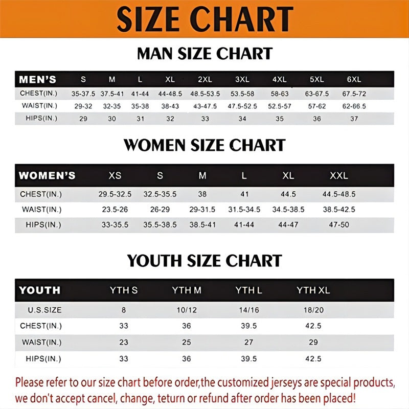 Baseball and basketball jersey size chart