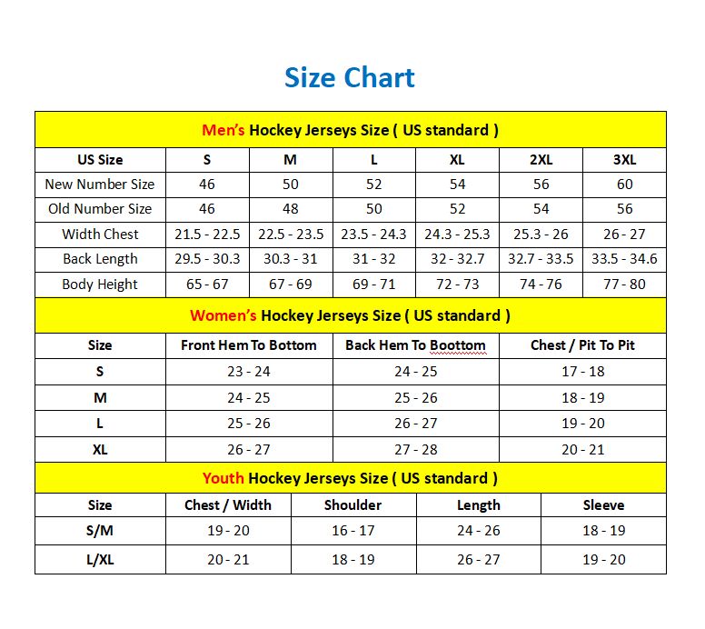 Hockey jersey size chart