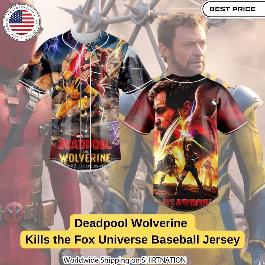 Deadpool Wolverine Kills the Fox Universe Baseball Jersey baseball jersey product view 1