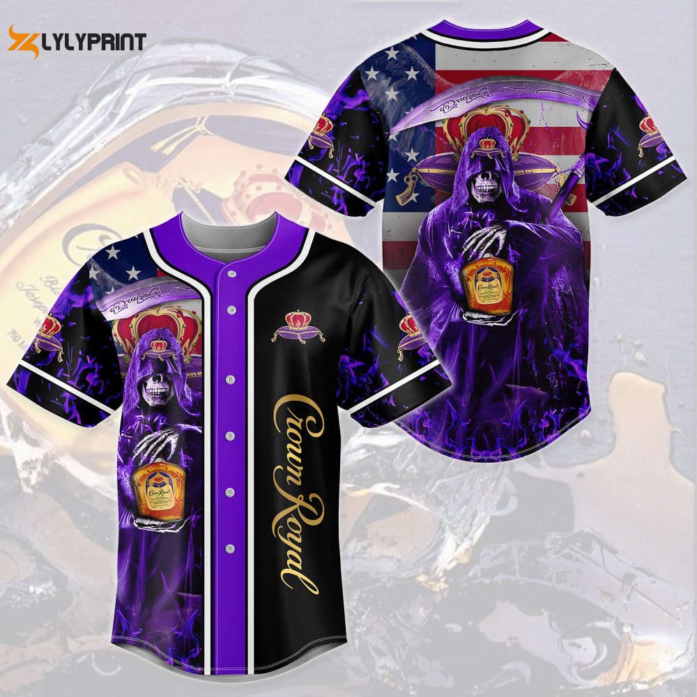 Death Ho Crown Royal Usa Flag Flame All Over Print 3D Unisex Baseball Jersey Purple - lylyprint.com baseball jersey product view 1