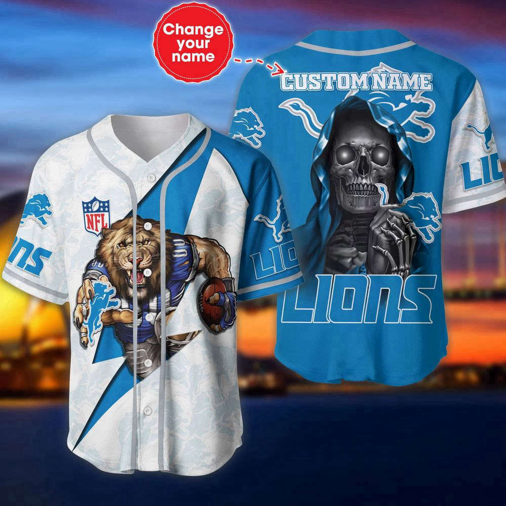 Detroit Lions Baseball Jersey Shirt Skull Custom Name, Gift For Men Women baseball jersey product view 1