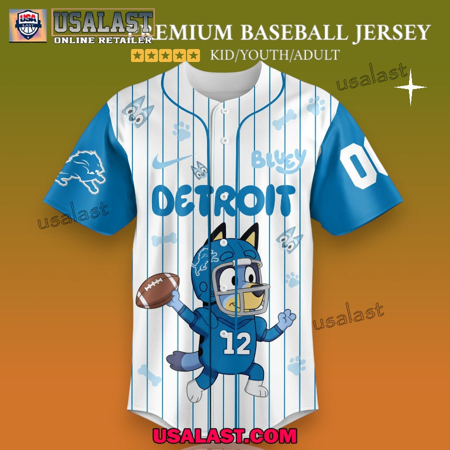 Detroit Lions x Bluey Baseball Jersey For Adults And Kids baseball jersey product view 2