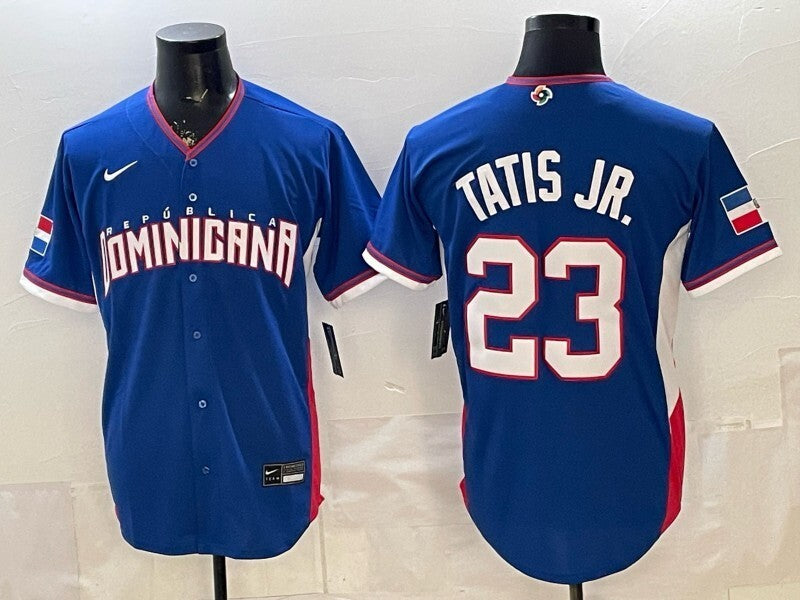 dominican republic baseball #23 fernando tatis jr. Blue 2026 world Basketball Jersey baseball jersey product view 1