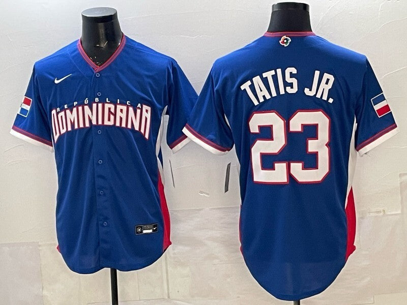 dominican republic baseball #23 fernando tatis jr. navy 2026 world baseball 26 World Cup Soccer Jersey baseball jersey product view 1