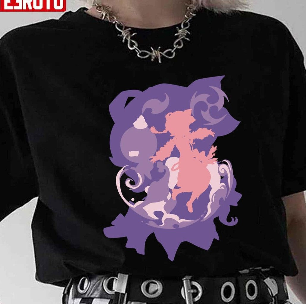 Pink Silhouette Of Dori From Genshin Impact Game In Double Exposure Technique Unisex T-shirt - T-Shirt, Sweatshirt, Hoodie