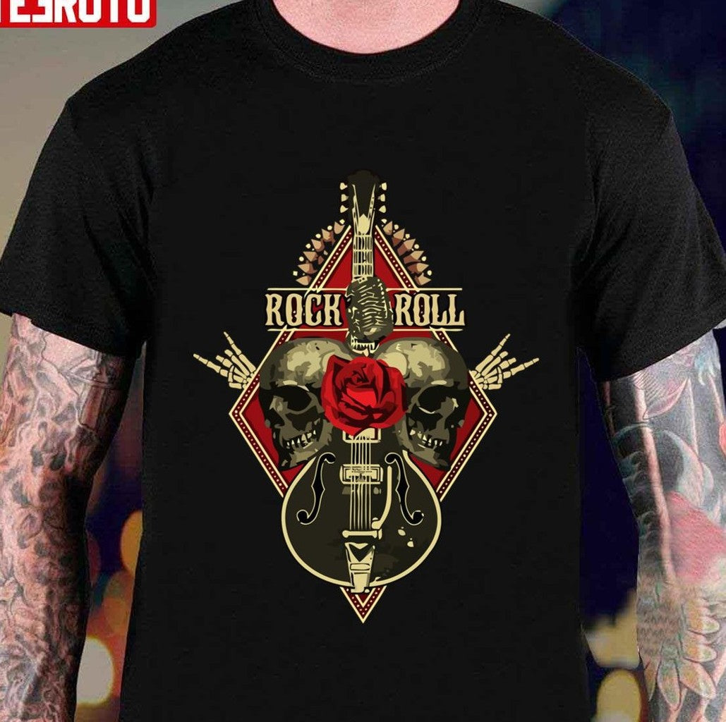 Rock And Roll Guitar Skulls Roses Retro Vintage Style Unisex T-Shirt - T-Shirt, Sweatshirt, Hoodie