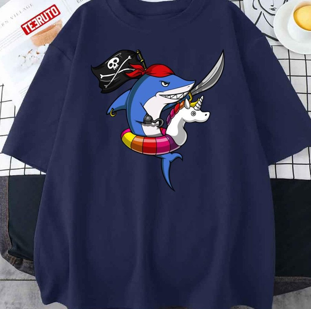 Shark Pirate Riding Unicorn Float Unisex T-Shirt - T-Shirt, Sweatshirt, Hoodie