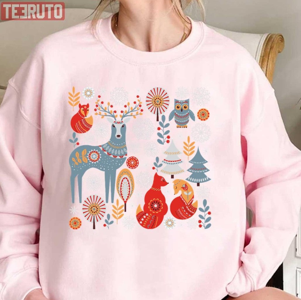 Scandinavian Christmas Pattern Deer Owls Foxes Trees Unisex Sweatshirt - T-Shirt, Sweatshirt, Hoodie