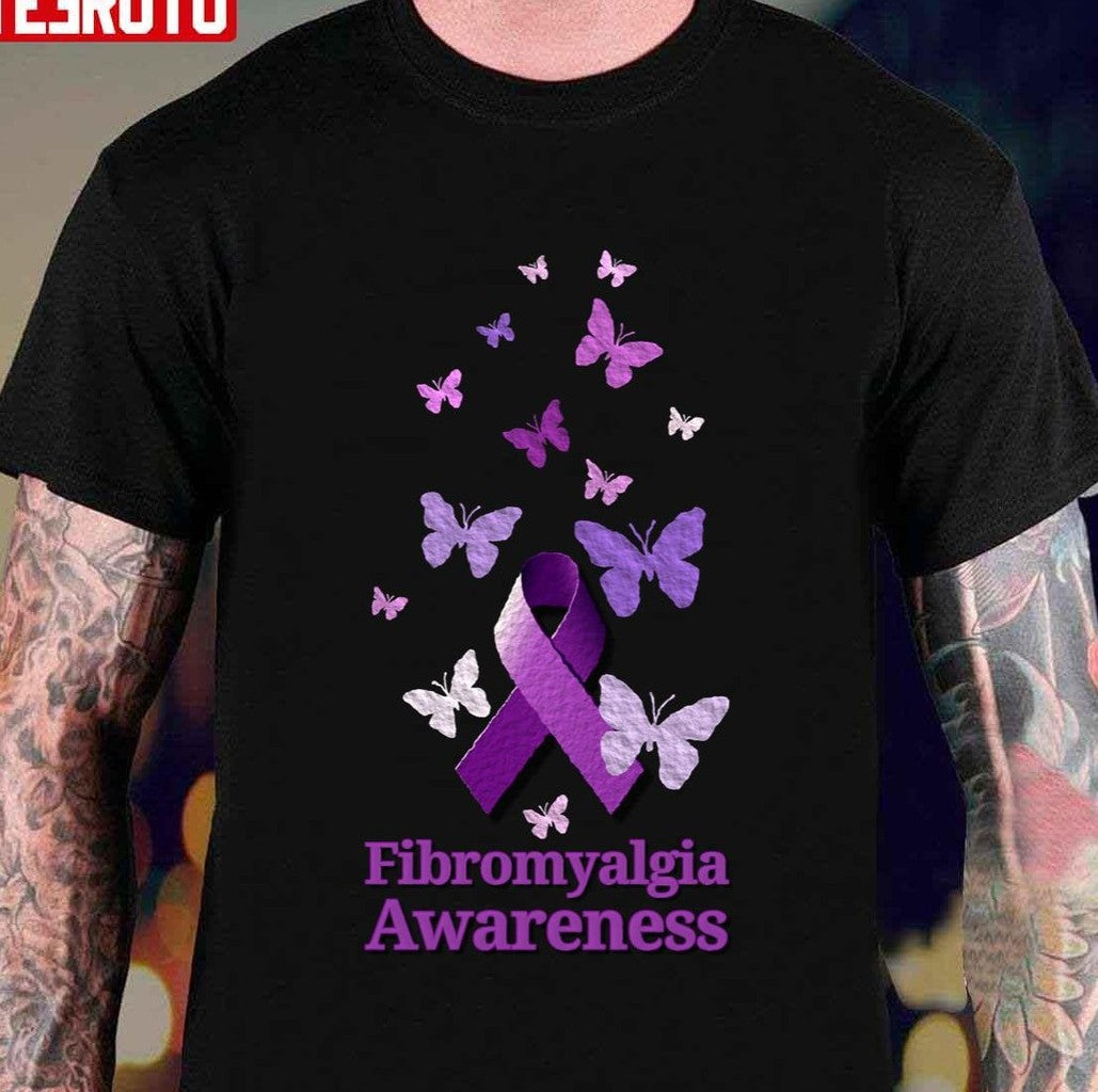 Purple Ribbon Fibromyalgia Awareness Butterflies Unisex T-Shirt - T-Shirt, Sweatshirt, Hoodie