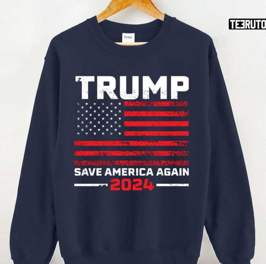 Save America Again 2024 Trump US Flag Vintage Donald Trump Unisex Sweatshirt - T-Shirt, Sweatshirt, Hoodie
