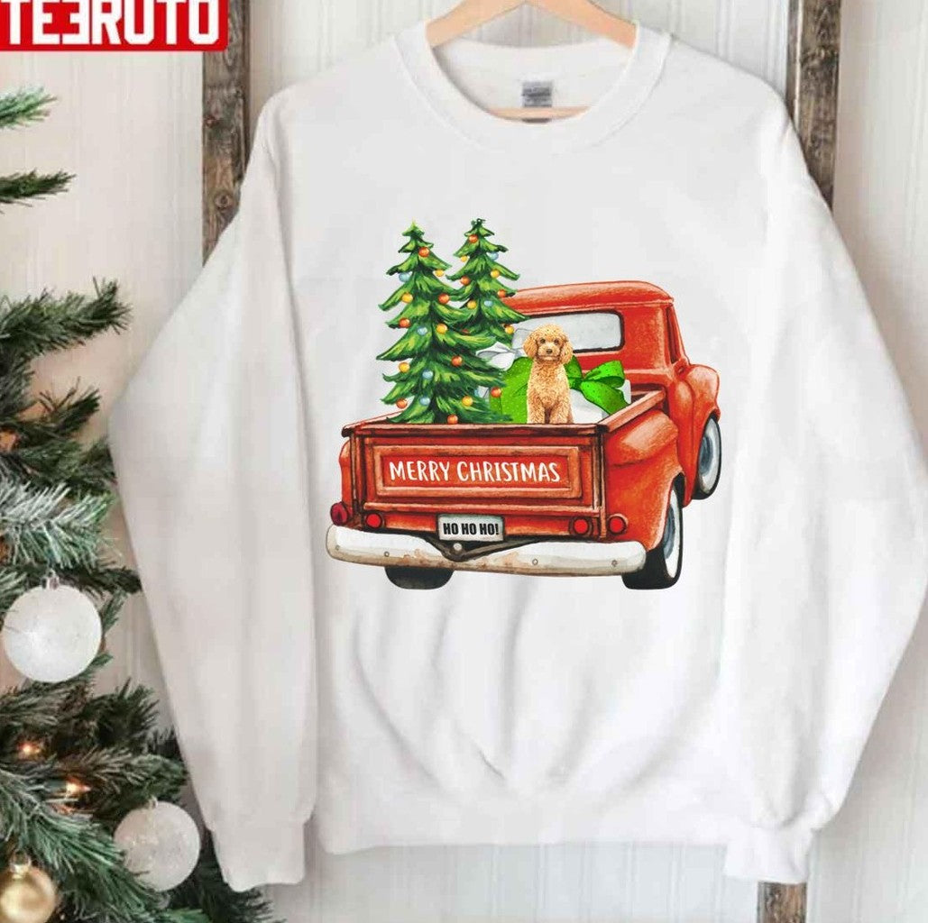 Red Vintage Merry Christmas Truck With Poodle Dog Unisex Sweatshirt - T-Shirt, Sweatshirt, Hoodie