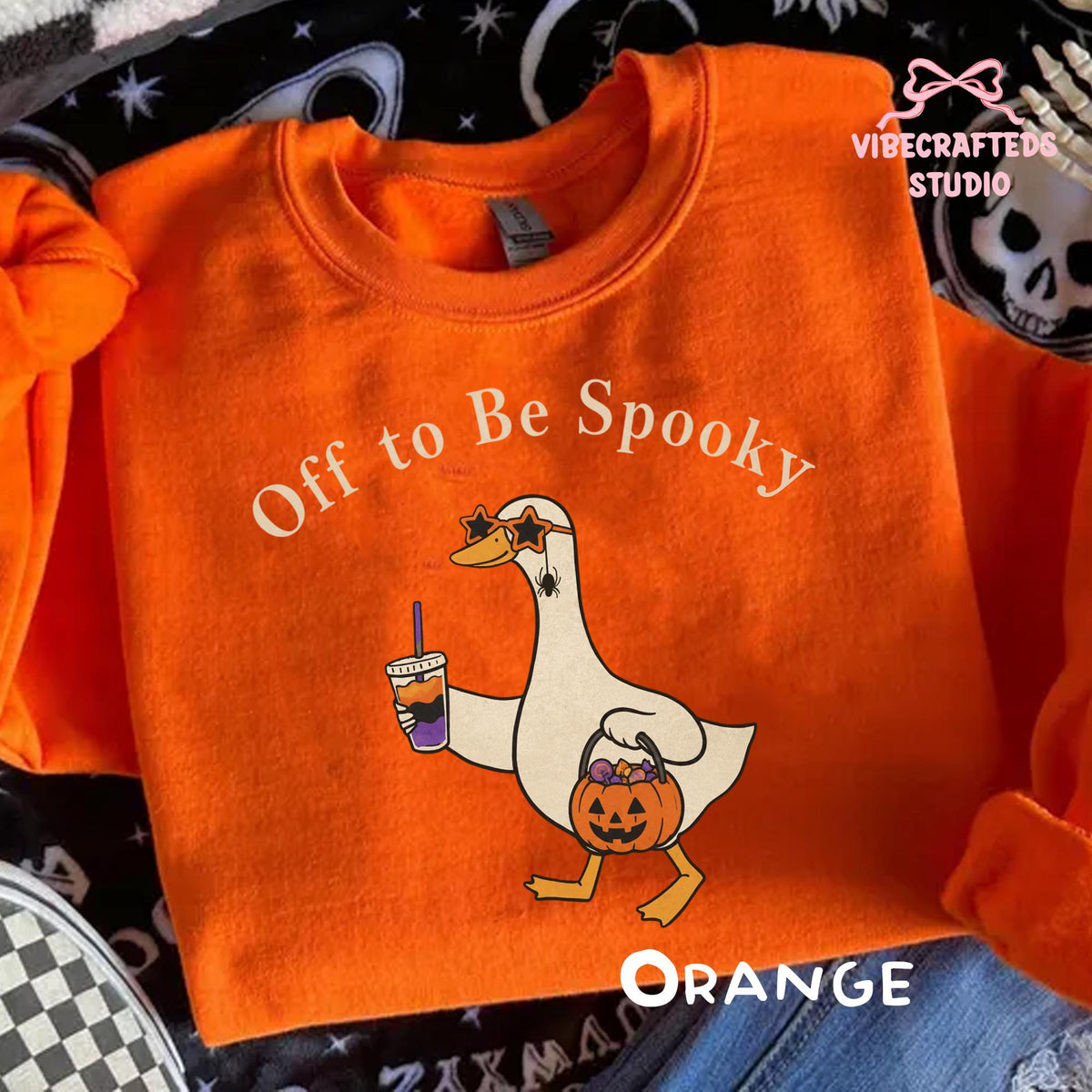 Off Spooky Goose Holding Coffee Pumpkin Bucket Gildan - Adult & Kids T-Shirts, Sweatshirts & Hoodies apparel design preview 3