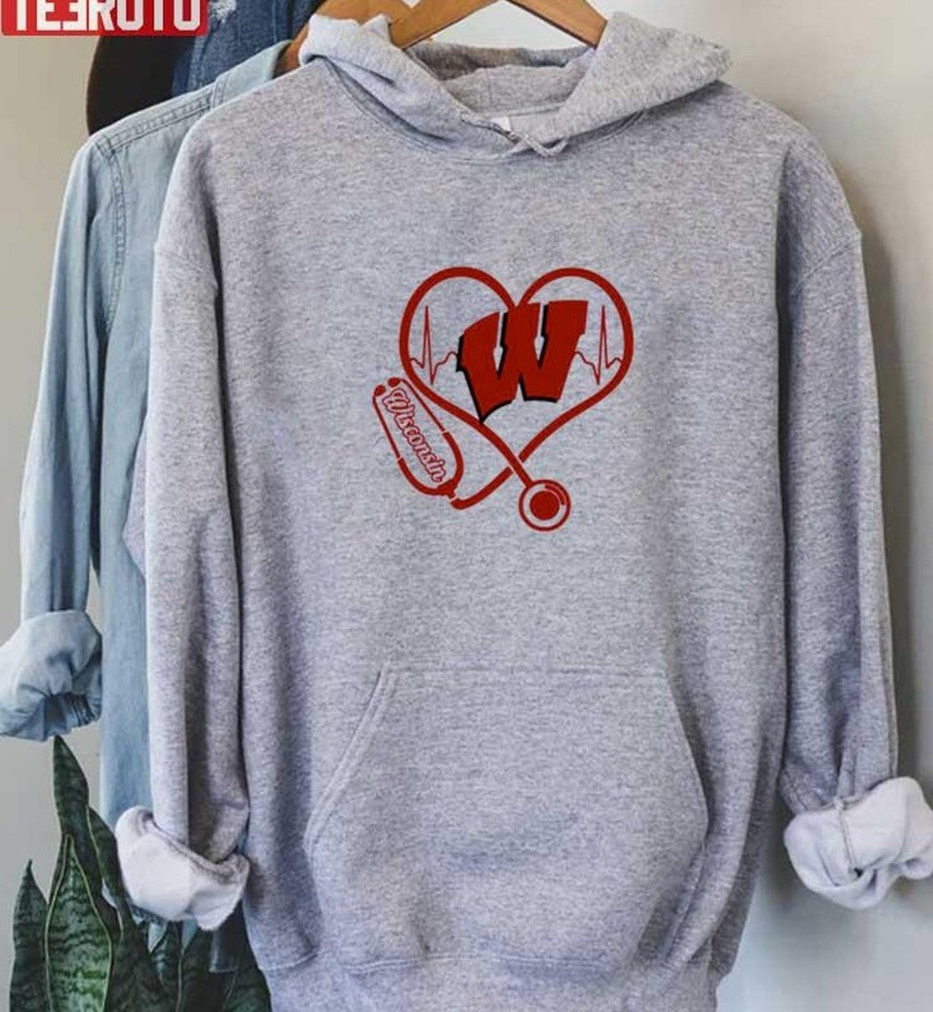 Nurse Love Wisconsin Badgers Heartbeat Unisex Hoodie - T-Shirt, Sweatshirt, Hoodie