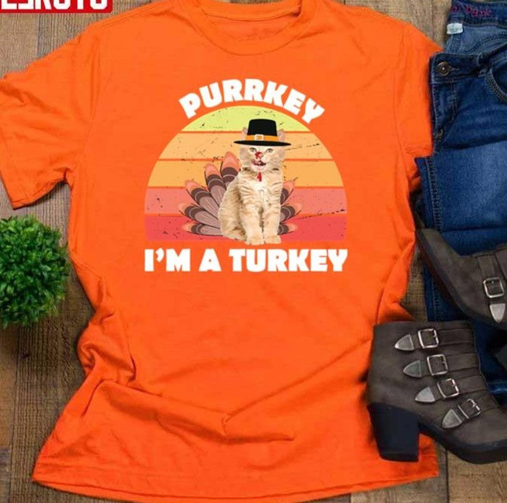 Purrkey Turkey Cat Funny Thanksgiving Retro Vintage Unisex T-Shirt - T-Shirt, Sweatshirt, Hoodie