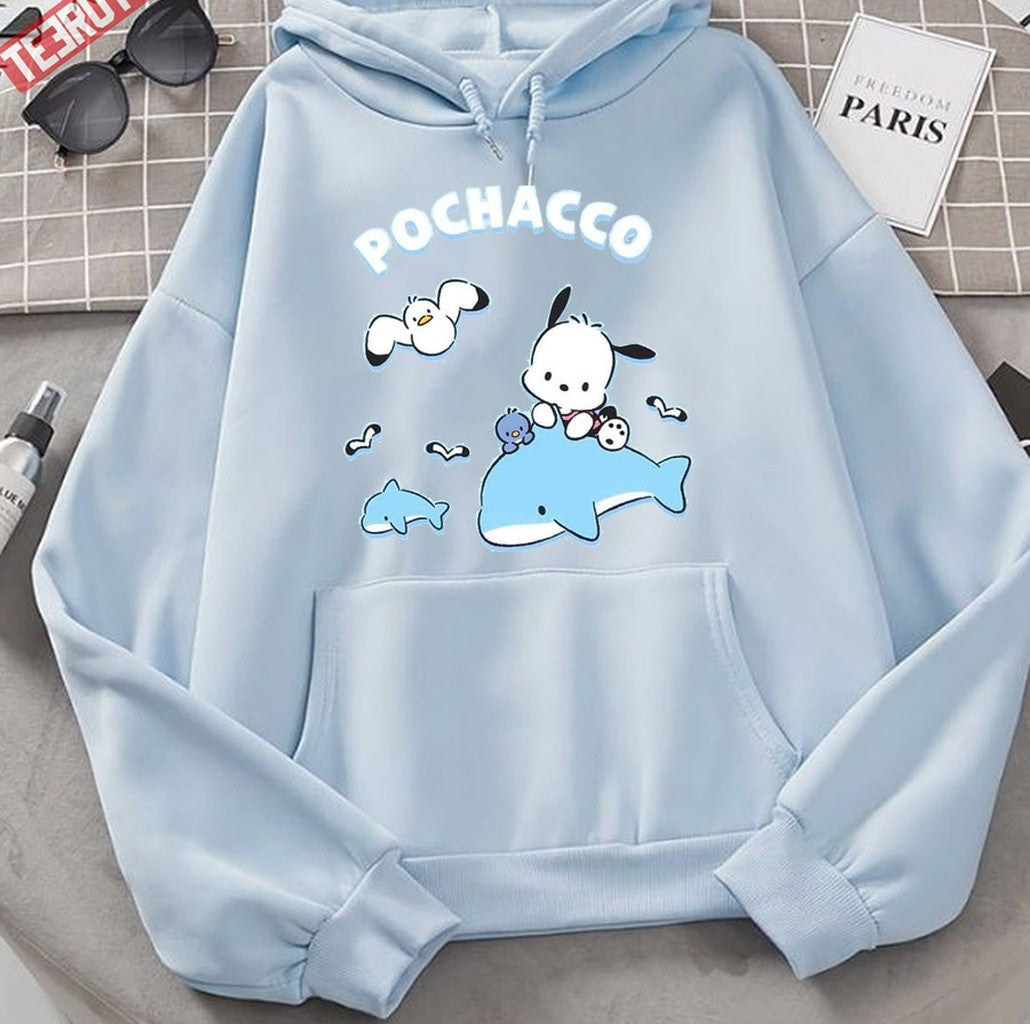 Pochacco Riding A Dophil Cute Design Unisex Hoodie - T-Shirt, Sweatshirt, Hoodie