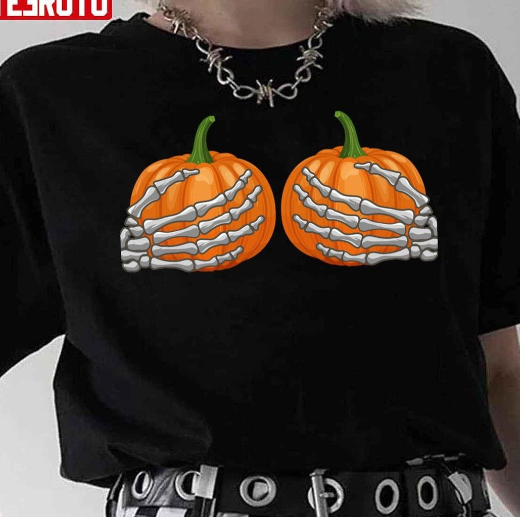 Pumpkin Skeleton Boob Hands Halloween Unisex T-Shirt - T-Shirt, Sweatshirt, Hoodie