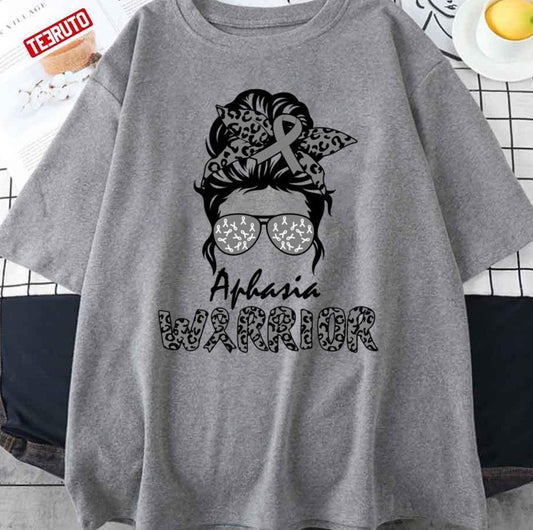 Aphasia Awareness Grey Messy Bun Mom Warrior Unisex T-Shirt - T-Shirt, Sweatshirt, Hoodie