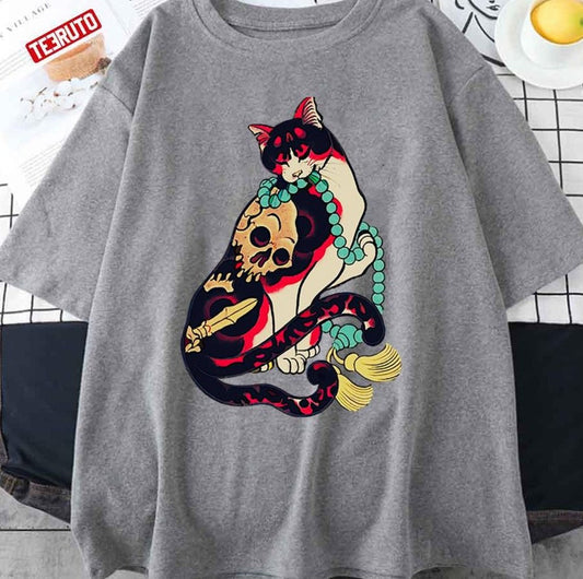 Antique Japanese Woodblock Print Cat With Flower Unisex T-Shirt - T-Shirt, Sweatshirt, Hoodie