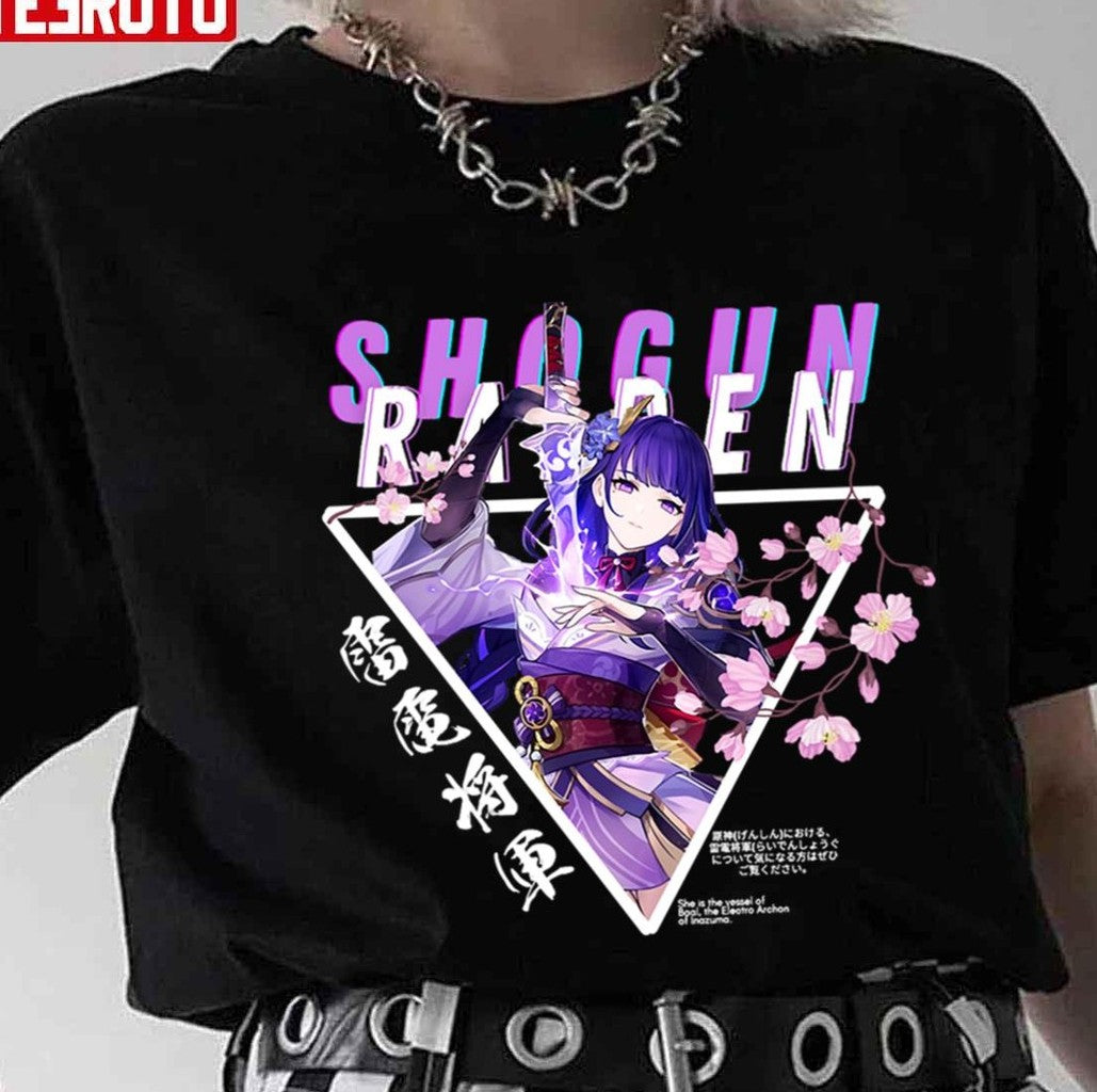 Raiden Shogun Baal Genshin Impact New Character Anime Art With Sakura Unisex T-Shirt - T-Shirt, Sweatshirt, Hoodie
