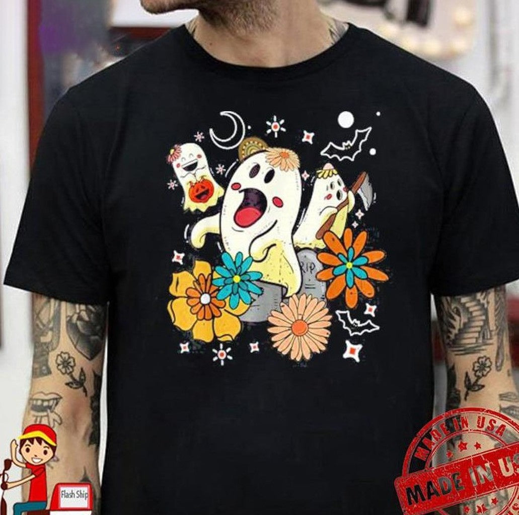 Retro Floral Halloween Ghost Shirt - T-Shirt, Sweatshirt, Hoodie