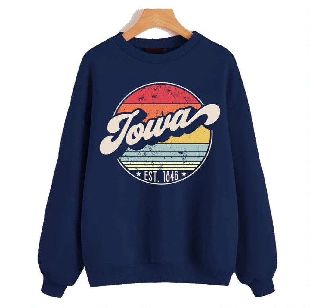Round Retro Iowa Distressed Sunset Design Unisex Sweatshirt - T-Shirt, Sweatshirt, Hoodie