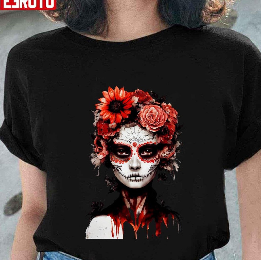 Red Catrina Day Of The Dead Flower Mexico Unisex T-shirt - T-Shirt, Sweatshirt, Hoodie