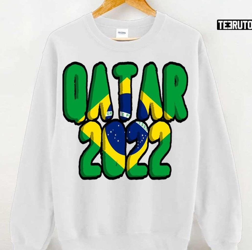 Qatar 2022 Brazil Flag Typo Design Unisex Sweatshirt - T-Shirt, Sweatshirt, Hoodie