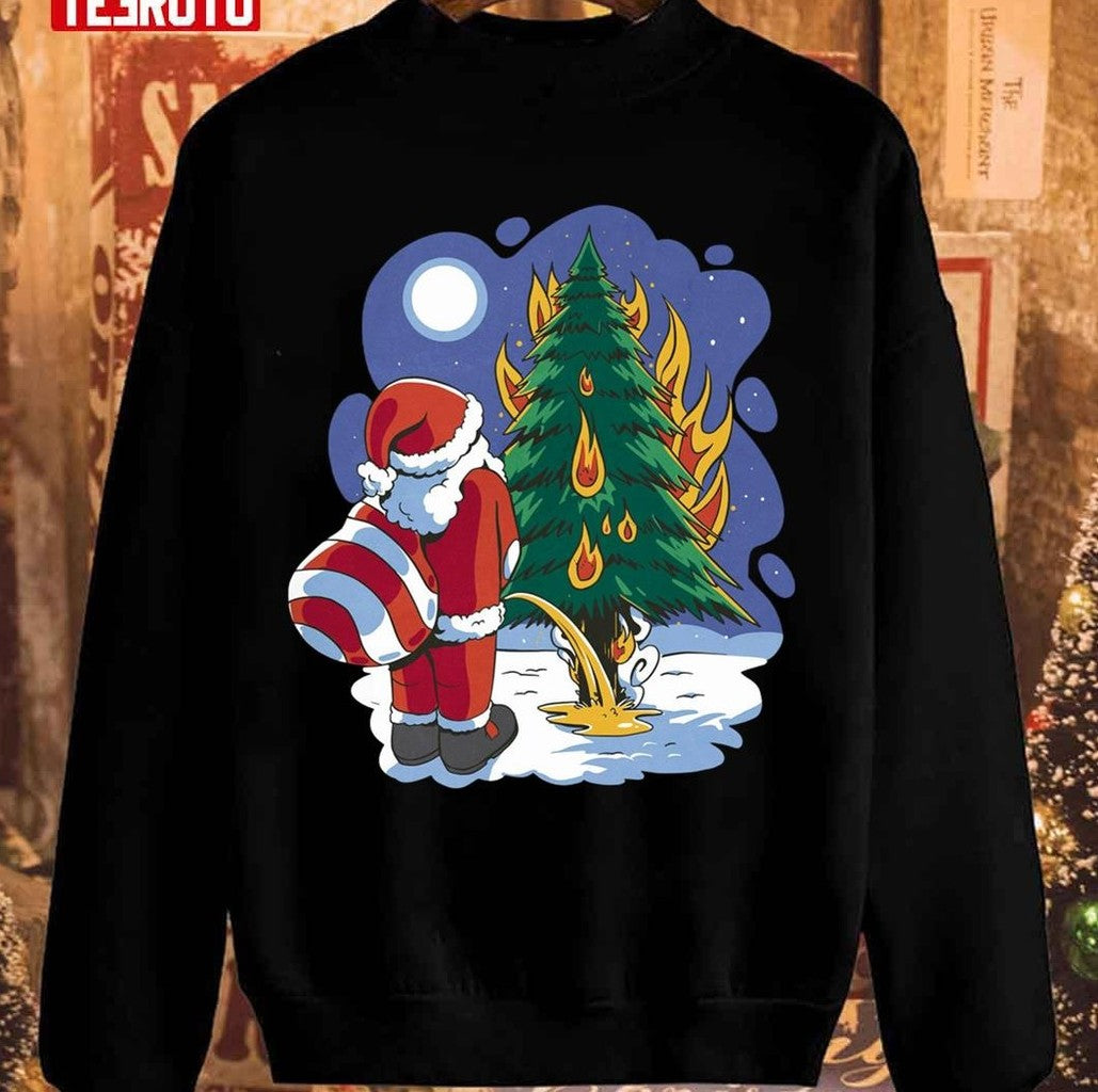 Santa Claus Peeing On A Burning Christmas Tree Unisex Sweatshirt - T-Shirt, Sweatshirt, Hoodie