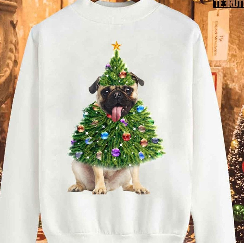 Pug Christmas Tree Lights Santa Unisex Sweatshirt - T-Shirt, Sweatshirt, Hoodie
