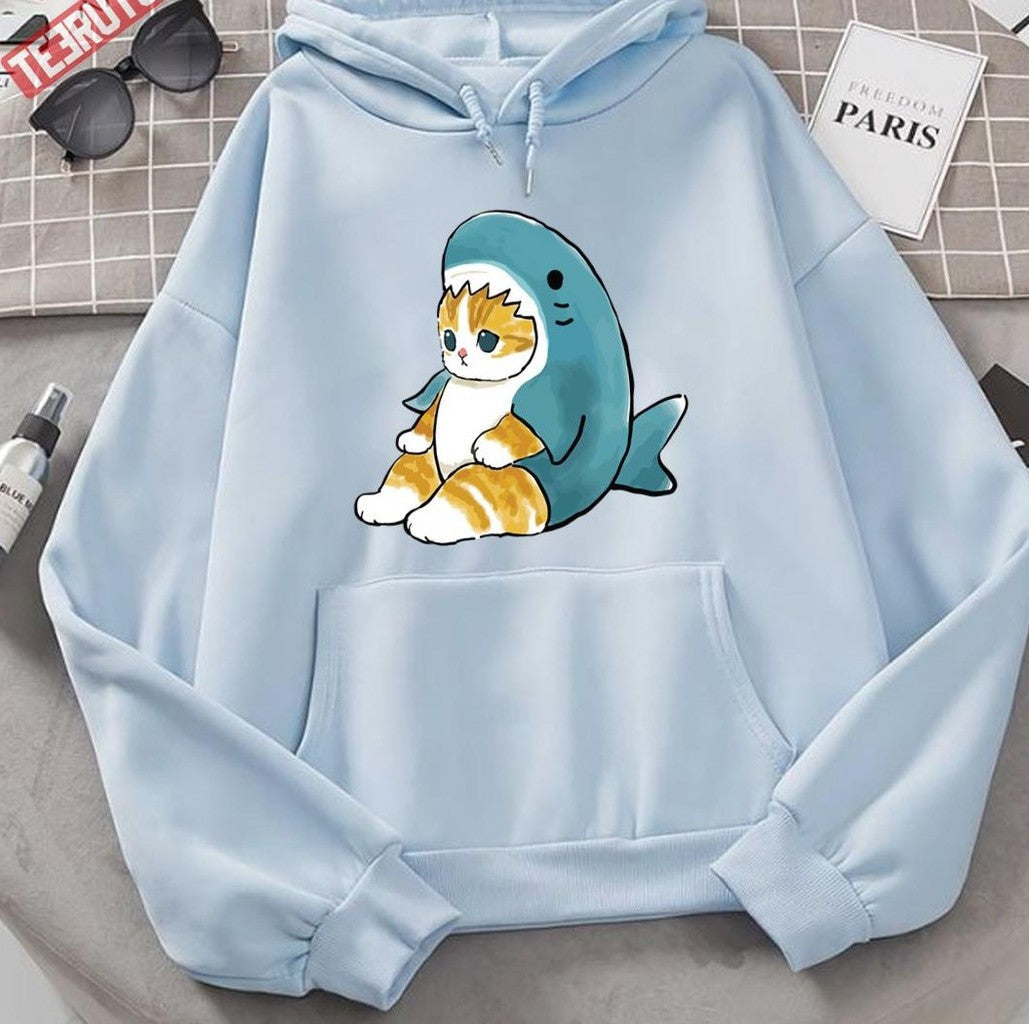 Mofu Sand Cute Cat Drawing In Shark Outfit Unisex Hoodie - T-Shirt, Sweatshirt, Hoodie