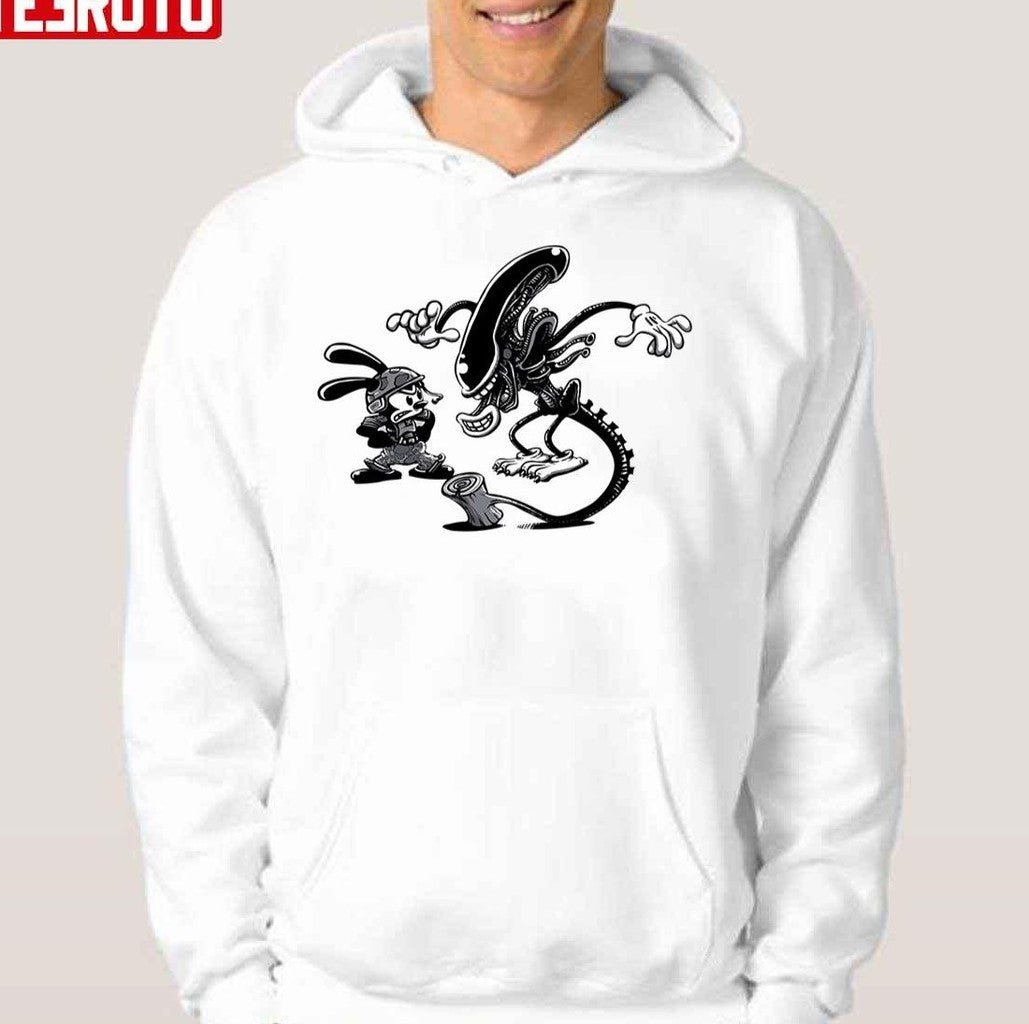 Oswald The Lucky Rabbit Vs Alien Black Unisex Hoodie - T-Shirt, Sweatshirt, Hoodie