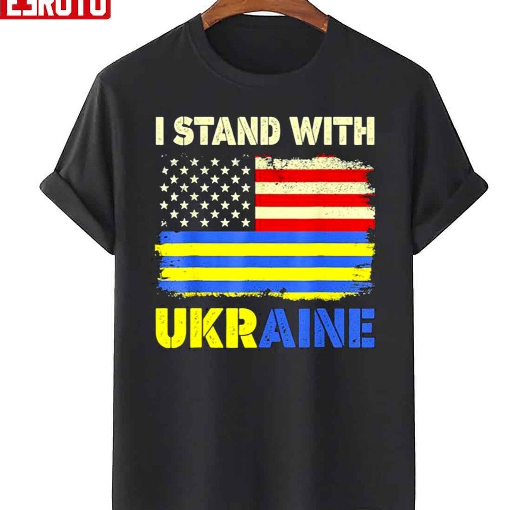 Premium I Stand With Ukraine Support Ukrainian American Flag Unisex T-Shirt - T-Shirt, Sweatshirt, Hoodie