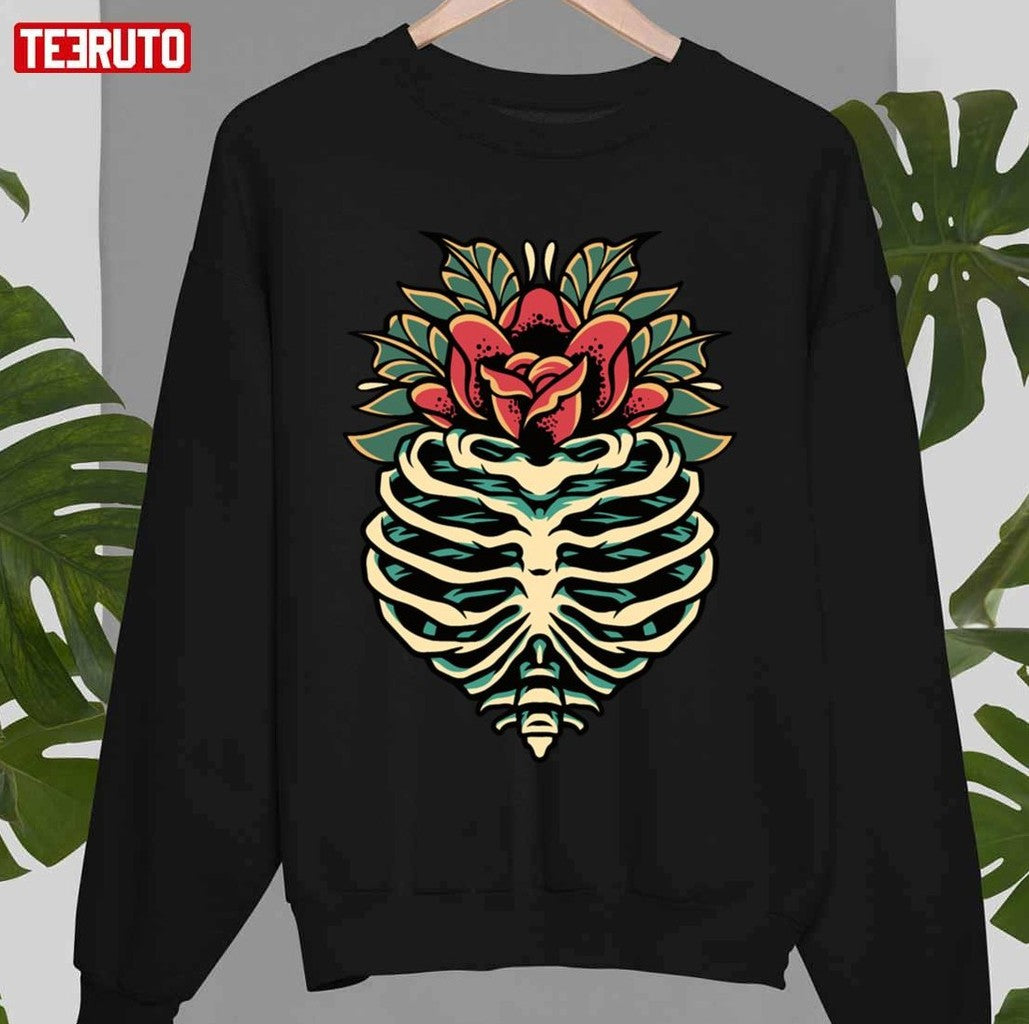 Rib Skull Flower Illustration Oldschool Unisex Sweatshirt - T-Shirt, Sweatshirt, Hoodie