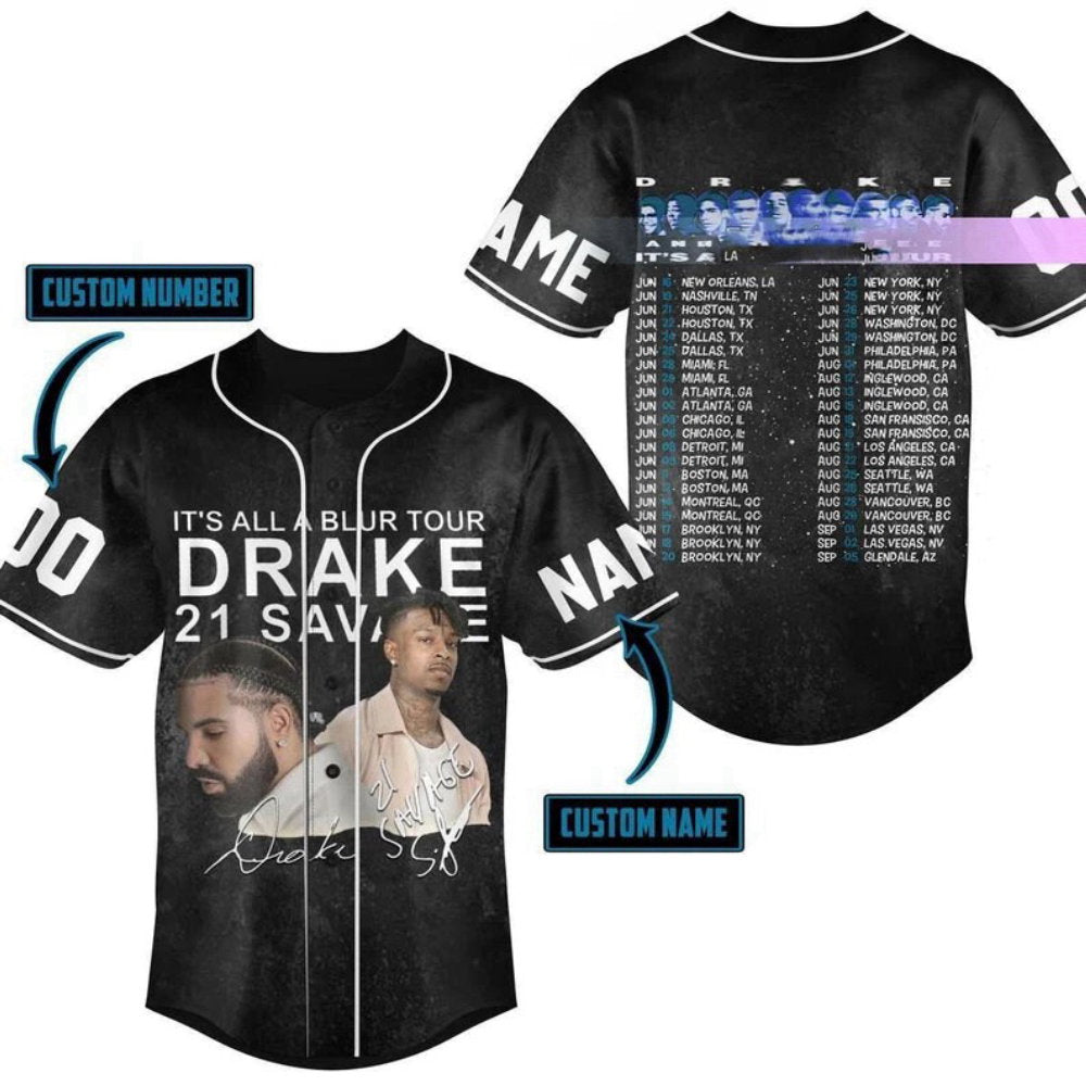 Drake 21 Savage Baseball Jersey All A Blur Tour Shirt 2023 Music Concert Merch baseball jersey product view 1