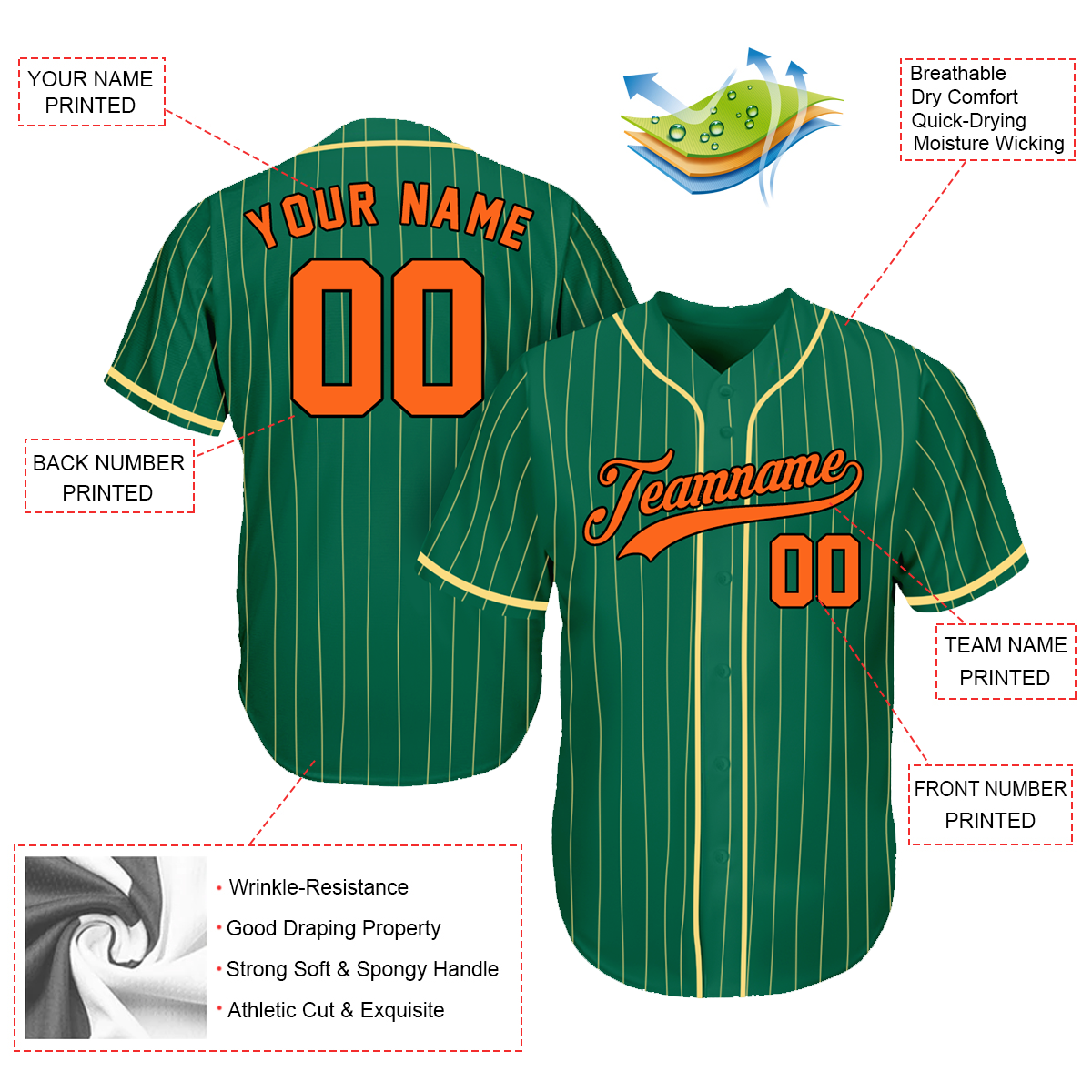 Personalized Baseball Jerseys - Unique Gifts For Baseball Fans - Pinstripe Green Yellow Orange - Fathers Day Baseball Gifts baseball jersey product view 2