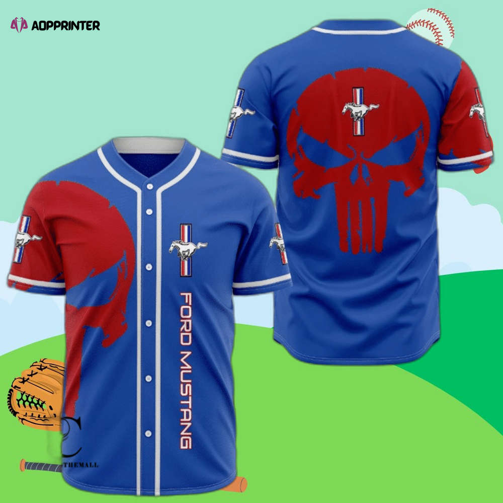 Eye-Catching Mustang Skull Red Blue Baseball Jersey – Printed Design for a Striking Look baseball jersey product view 1