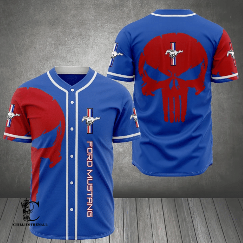 Eye-Catching Mustang Skull Red Blue Baseball Jersey – Printed Design for a Striking Look baseball jersey product view 2