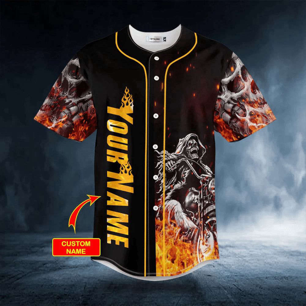 Fire Ghost Rider Biker Skull Custom Baseball Jersey For Men Women, Men's Baseball Jersey For Men Women - lylyprint.com baseball jersey product view 2