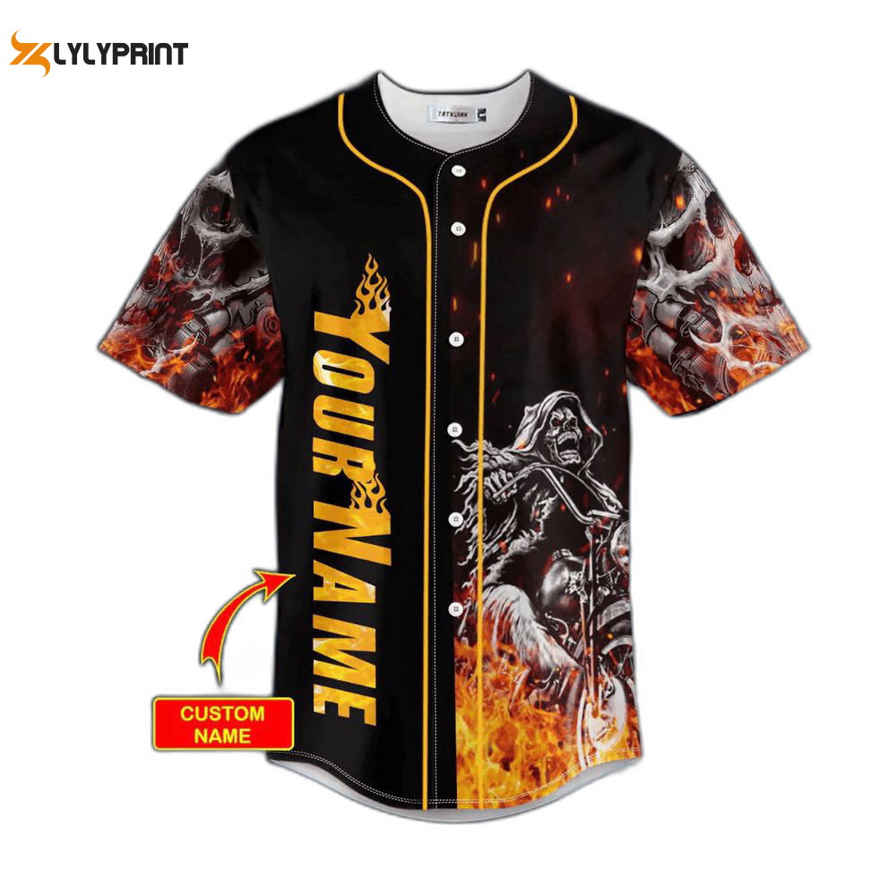 Fire Ghost Rider Biker Skull Custom Baseball Jersey For Men Women, Men's Baseball Jersey For Men Women - lylyprint.com baseball jersey product view 1